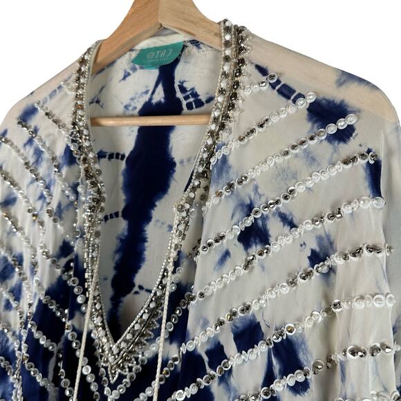 Taj by Sabrina Crippa Blue and White Beaded Kaftan Silk Blouse Size S Cover Up - Picture 4 of 16
